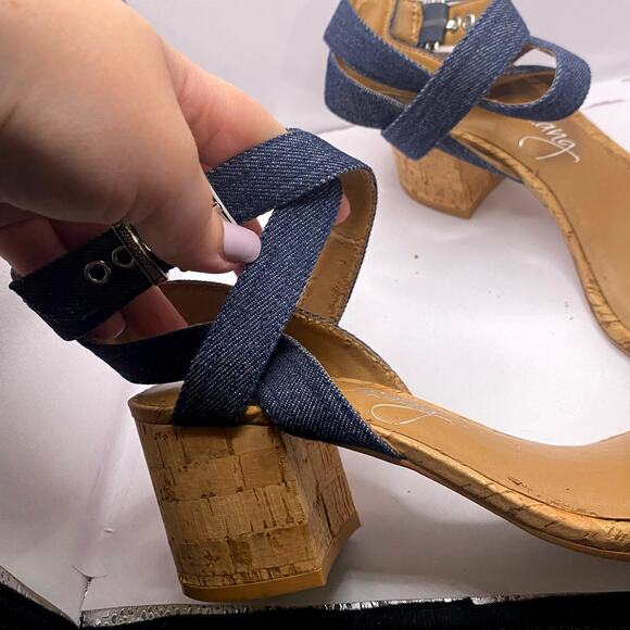 Arturo Chiang Cork Block Heel Navy Blue Denim Canvas Ankle Strap Sandal Sz 8M - Picture 2 of 7